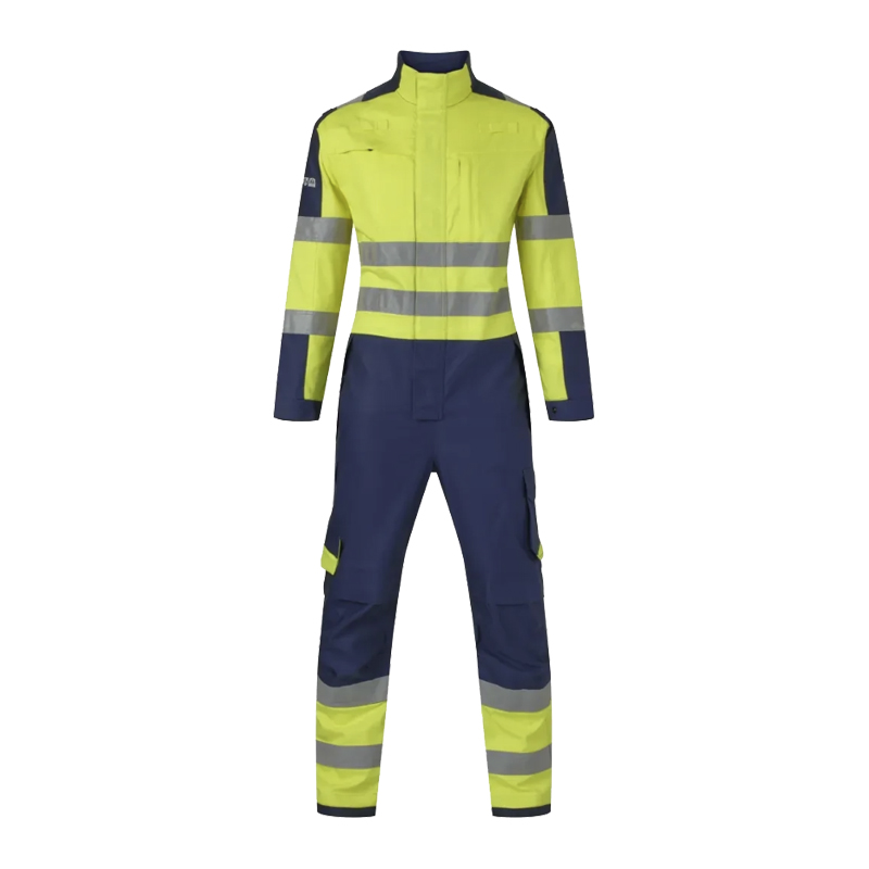 HydroWear Warnschutz-Overall in Gelb und Marineblau mit langen Ärmeln, Stehkragen und umlaufenden Reflexstreifen für hohe Sichtbarkeit bei der Arbeit