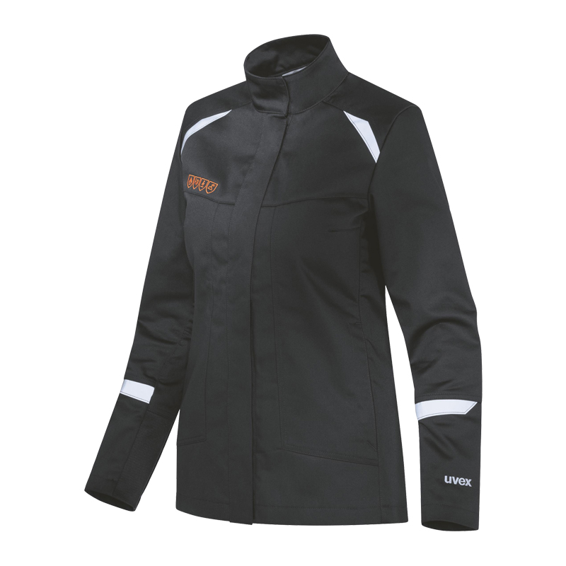 Uvex suXXeed Arc Damen MultiNorm Jacke 4 kA + 7 kA | APC2, schwarze Schutzjacke mit Stehkragen und Reflexelementen