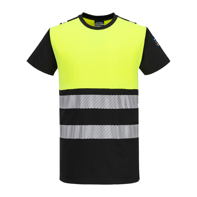 PortWest FR775 MultiNorm FR Warnschutz-T-Shirt, kurzarm, Klasse 1 in Gelb-Schwarz mit segmentierten Reflexstreifen und flammhemmendem Material