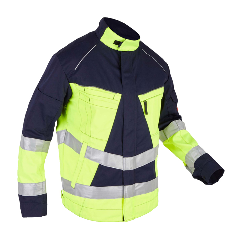 Rofa Warnschutzjacke in Neon Gelb und Marineblau mit Reflexstreifen, Stehkragen und praktischen Taschen für hohe Sichtbarkeit bei der Arbeit