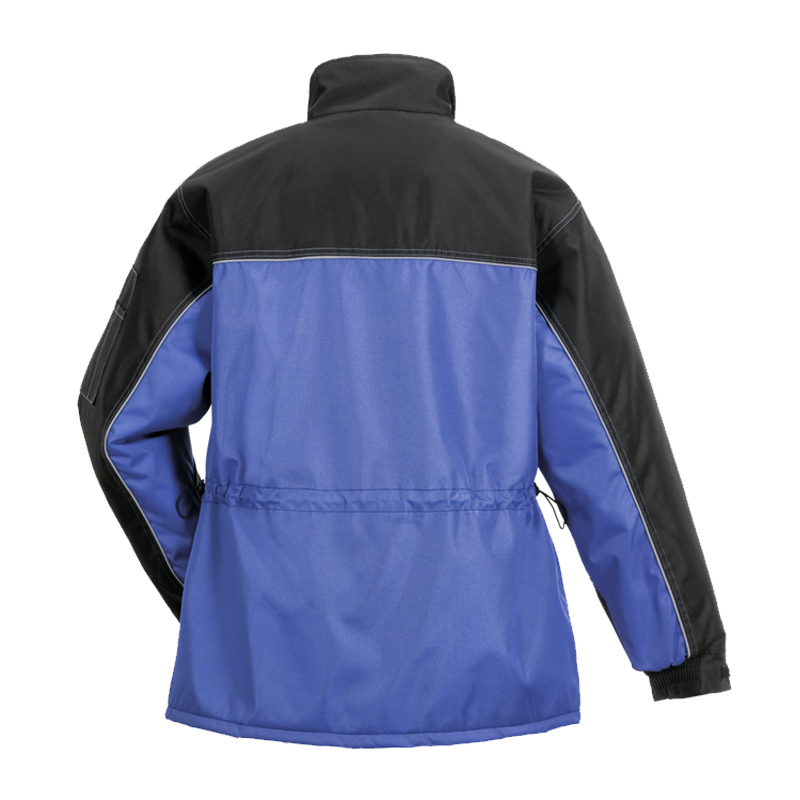 Rückansicht des Planam Dust Parka Wetterschutz mit Reflexbiesen in Blau-Schwarz von Planam, robuste Arbeitsjacke mit hohem Kragen und Wetterschutzfunktion