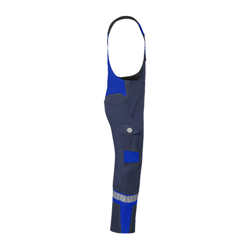 Seitenansicht einer HaVeP Arbeitslatzhose in Marineblau mit blauen Kontrasteinsätzen, Seitentasche und Reflexstreifen am Bein