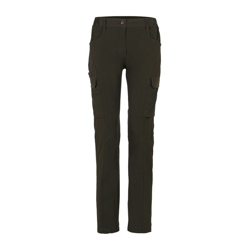 Planam Damen Stretchy Hose mit 4-Wege-Stretch in Dunkeloliv, schmale Damen-Arbeitshose mit Seitentaschen und Cargotaschen