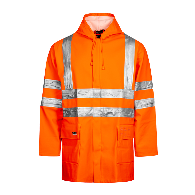 Lyngsøe Warnschutzjacke in leuchtendem Orange mit silbernen Reflexstreifen, Kapuze und Fronttaschen
