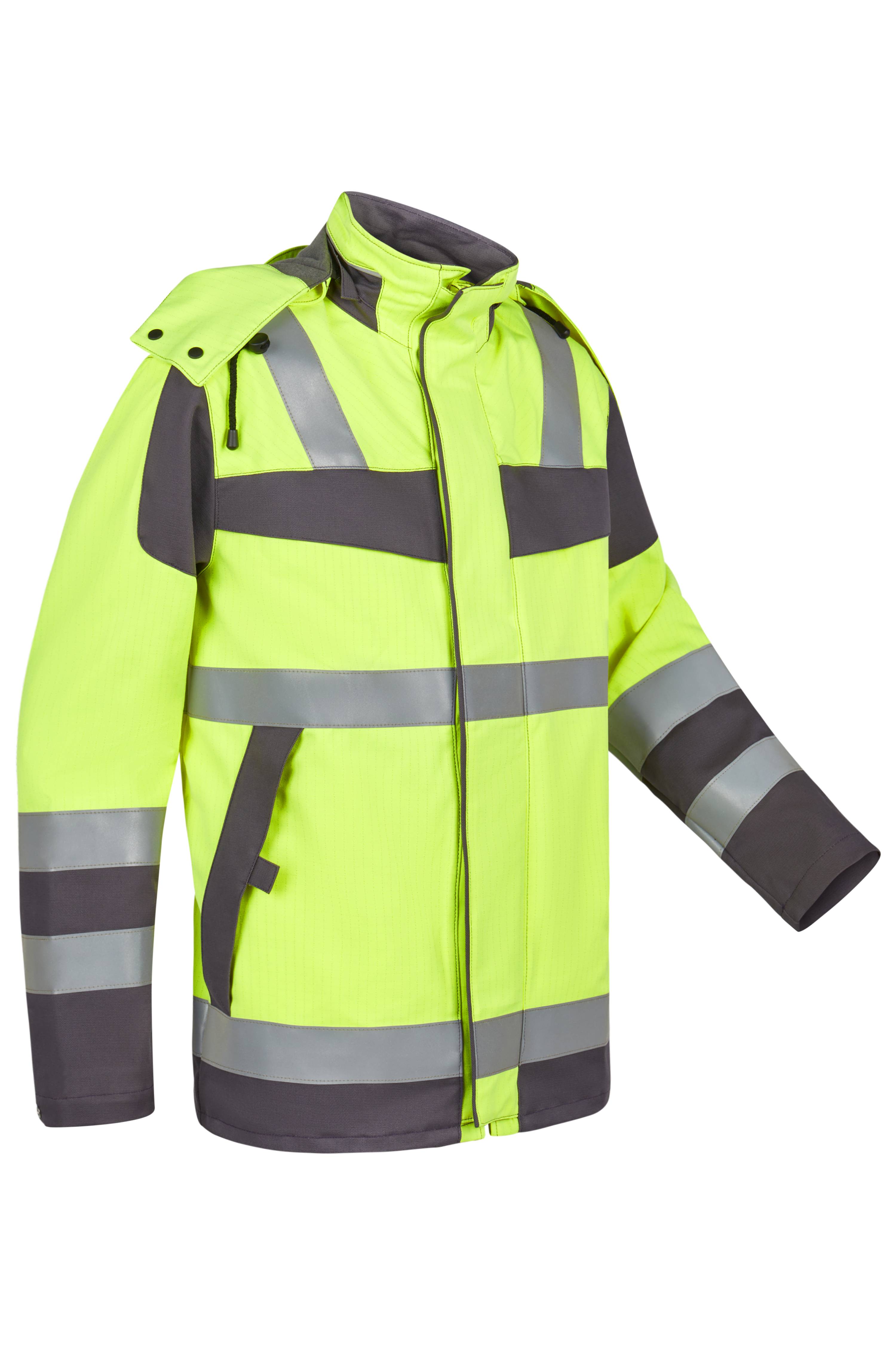 Rofa Warnschutzjacke in Neongelb und Grau mit Reflexstreifen, hoher Sichtbarkeit, Stehkragen und robuster Arbeitsbekleidung