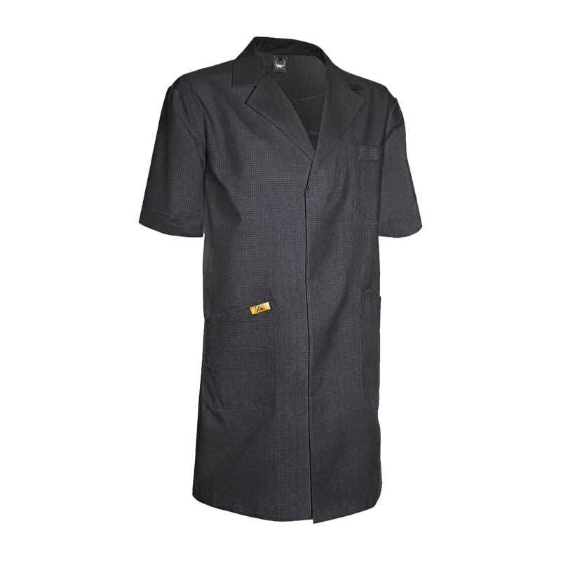 Dunkler kurzärmeliger ESD Herren Mantel von Mimoza mit Taschen, ableitfähig 10⁵ bis 10⁷ Ohm nach EN 61340