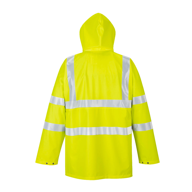 Rückansicht der PortWest S491 Warnschutz Ultra Regenjacke Klasse 3 in Gelb mit Kapuze und Reflexstreifen, wasserdicht und atmungsaktiv für Arbeiten bei Regen und schlechter Sicht