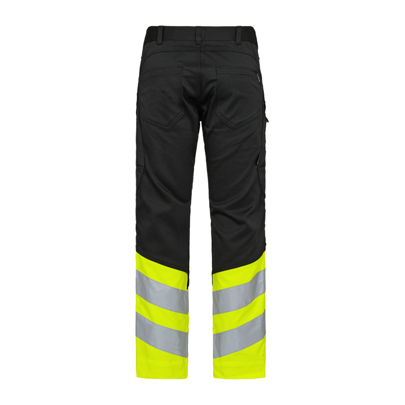 Rückansicht der ENGEL Safety Stretch Warnschutz Hose Klasse 1 2546-314 in Schwarz mit fluoreszierend gelben Beinpartien und silbernen Reflexstreifen