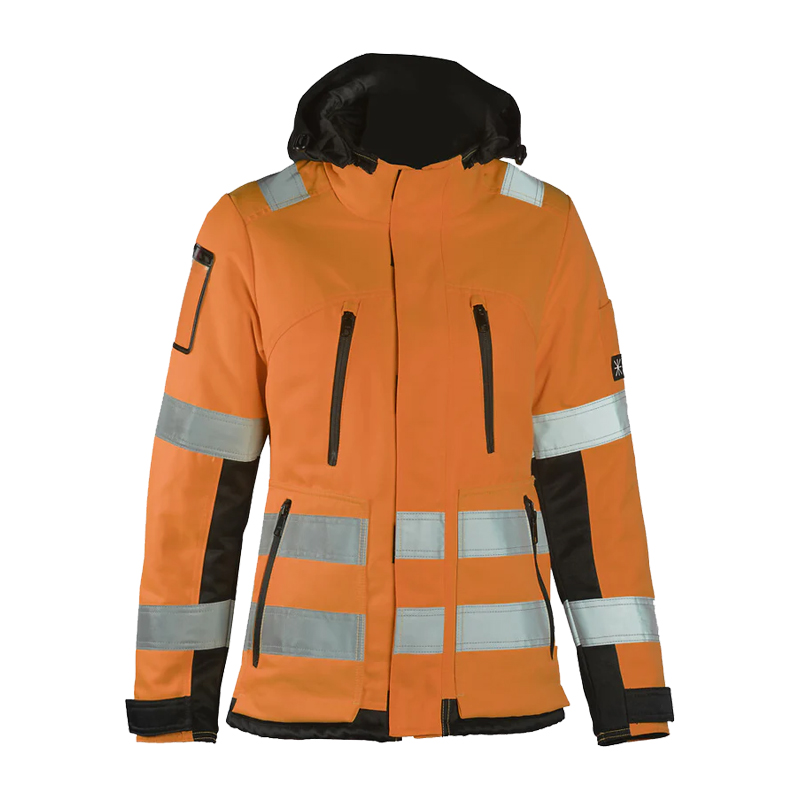 Dimex 6177R Damen Winter Warnschutz Jacke Klasse 2, orange Arbeitsjacke mit Reflexstreifen, schwarzen Kontrasteinsätzen und Kapuze
