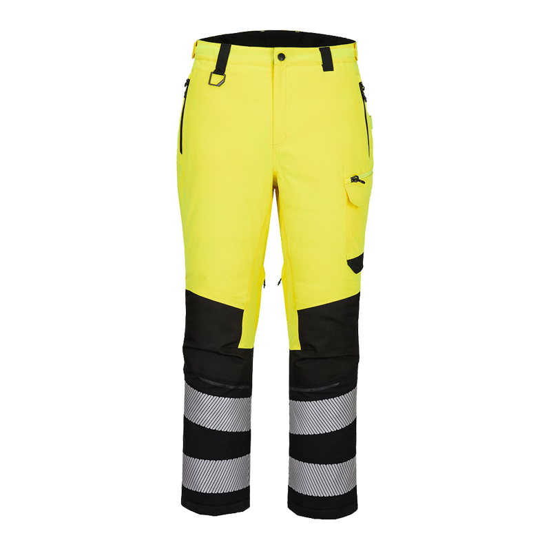 PortWest Warnschutzhose in leuchtendem Gelb-Schwarz mit Reflexstreifen und Seitentaschen, ideal für Arbeiten mit hoher Sichtbarkeit