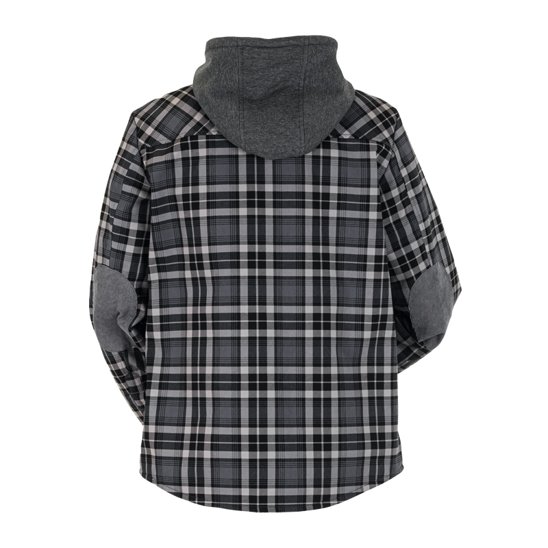 Rückansicht des Planam Outdoor Thermohemds mit Teddyfutter: karierte Hemdjacke in Schwarz-Grau mit Kapuze und Ellenbogenbesatz