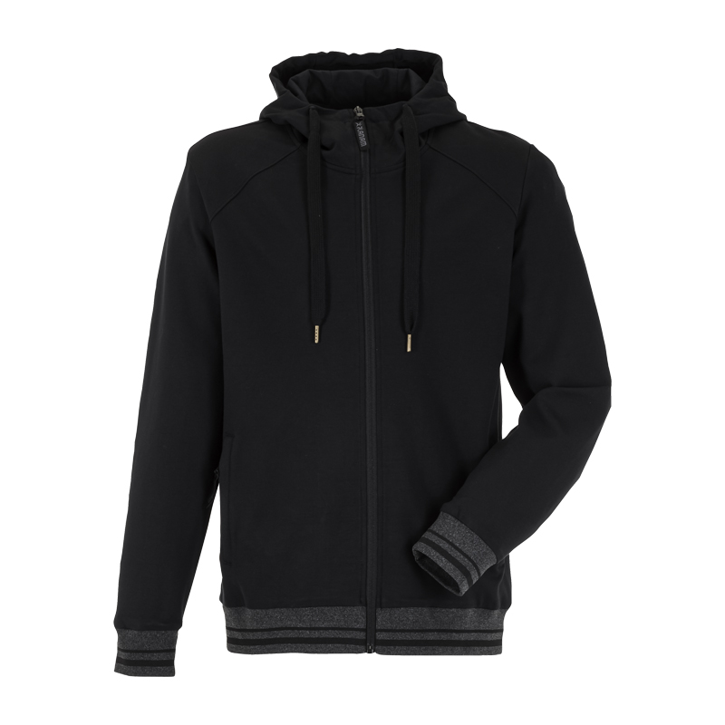 Planam Outdoor Match Kapuzenjacke mit Strickbündchen, schwarze Jacke mit Kapuze, Reißverschluss und grauen Strickbündchen an Saum und Ärmeln