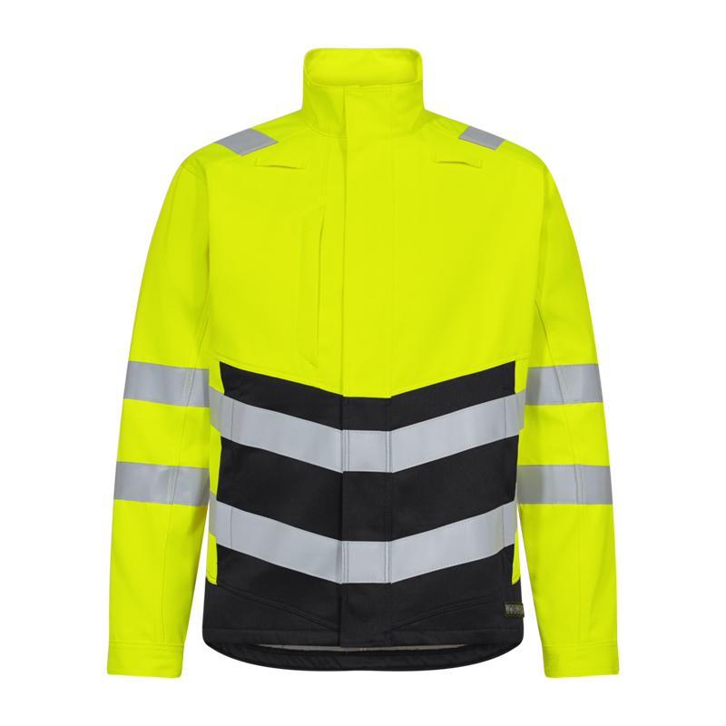 Engel Warnschutzjacke in Neon-Gelb und Schwarz, Frontansicht mit breiten silbernen Reflexstreifen an Rumpf, Ärmeln und Schultern