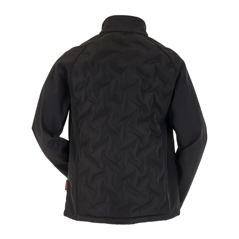 Rückansicht der schwarzen Planam Strike Jacke mit Stepp und Reflexbiesen, funktionelle Arbeitsjacke mit Steppoptik und hohem Kragen