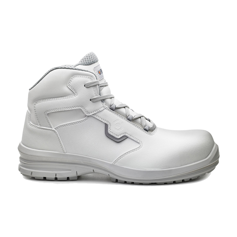 Weißer BASE Natrium Top Hygiene S2 Sicherheitsstiefel B0981, metallfrei, hygienischer Arbeitsstiefel mit hohem Schaft und rutschhemmender Sohle in Seitenansicht