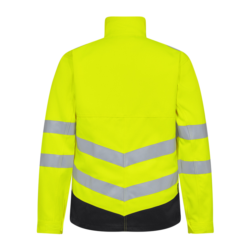 Rückenansicht einer Engel Warnschutzjacke in Neon-Gelb mit silbernen Reflexstreifen an Rumpf und Ärmeln sowie schwarzem Saum