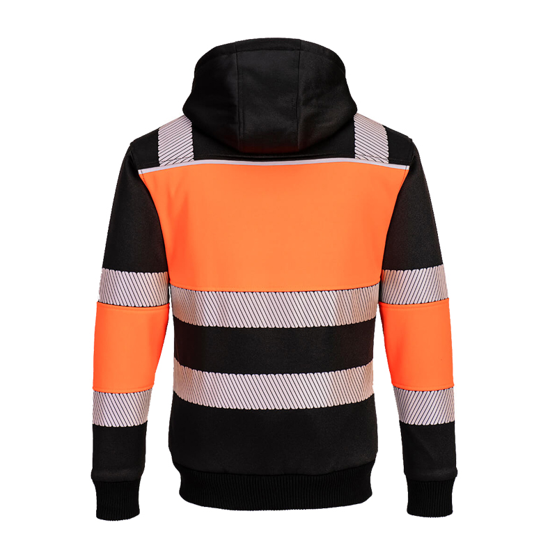 Rückansicht einer PortWest Warnschutz-Kapuzenjacke in Orange und Schwarz mit reflektierenden Streifen an Schultern, Armen und Rücken