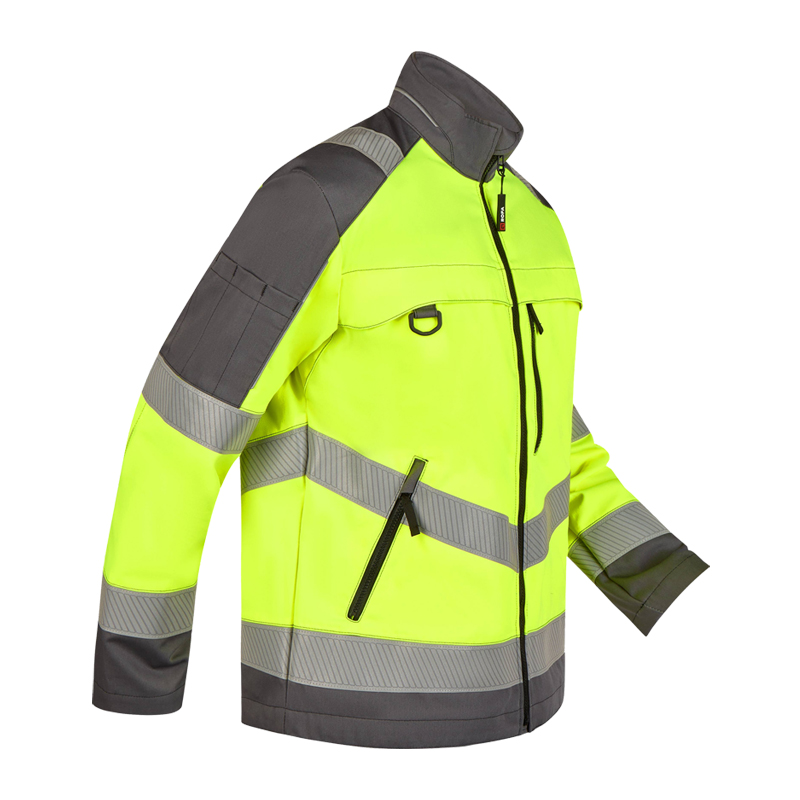 Rofa Warnschutzjacke in Neon-Gelb und Grau mit Reflexstreifen, Stehkragen und Reißverschlusstaschen
