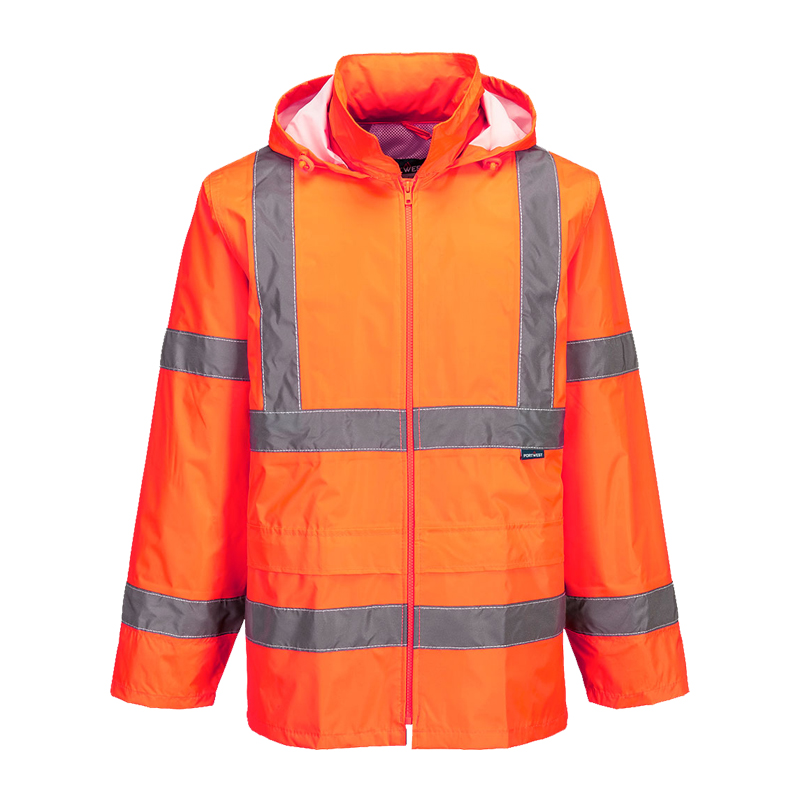 PortWest Warnschutzjacke in leuchtendem Orange mit Kapuze, Reißverschluss und umlaufenden Reflexstreifen für hohe Sichtbarkeit