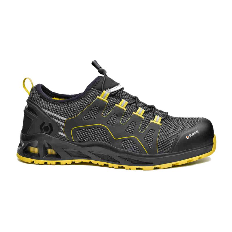 BASE K-Balance S1PS HRO B1006A Sicherheitsschuh von BASE in Schwarz-Gelb, seitliche Ansicht mit atmungsaktivem Gewebe und robuster Schutzkappe