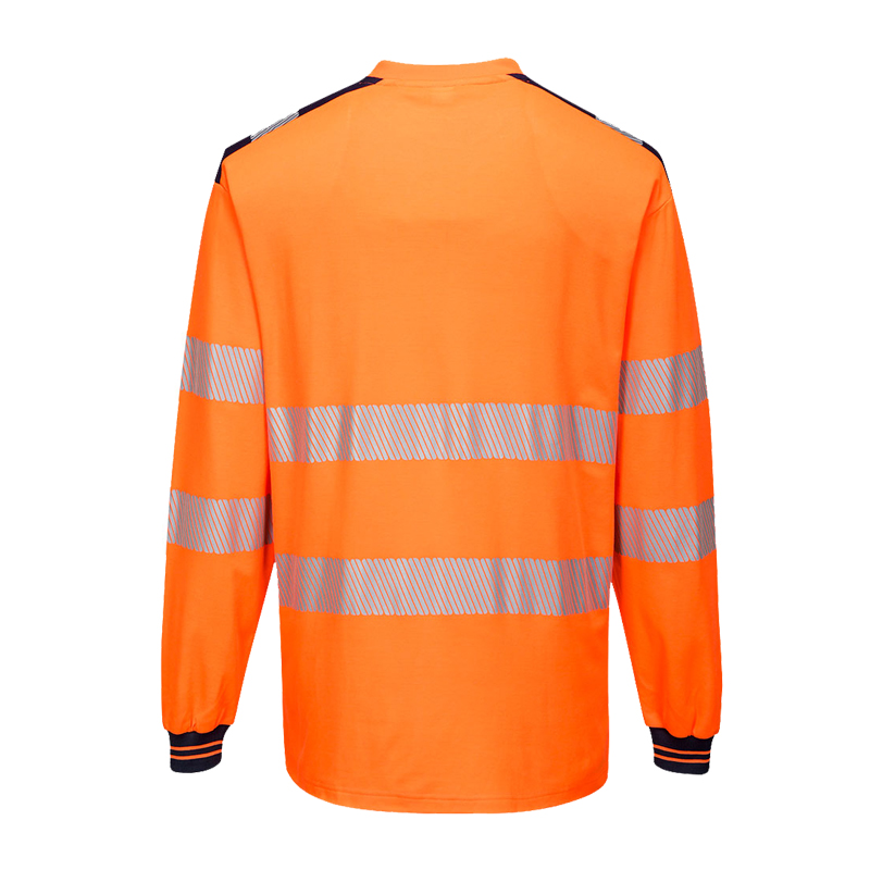Rückansicht eines orangefarbenen PortWest Warnschutz-Langarmshirts mit silbernen Reflexstreifen an Körper und Ärmeln
