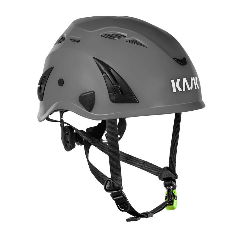 Kask KASK SUPERPLASMA PL Kletterhelm EN 12492 in Grau, robuste Hartschale mit Belüftungsöffnungen und Kinnriemen, Seitenansicht