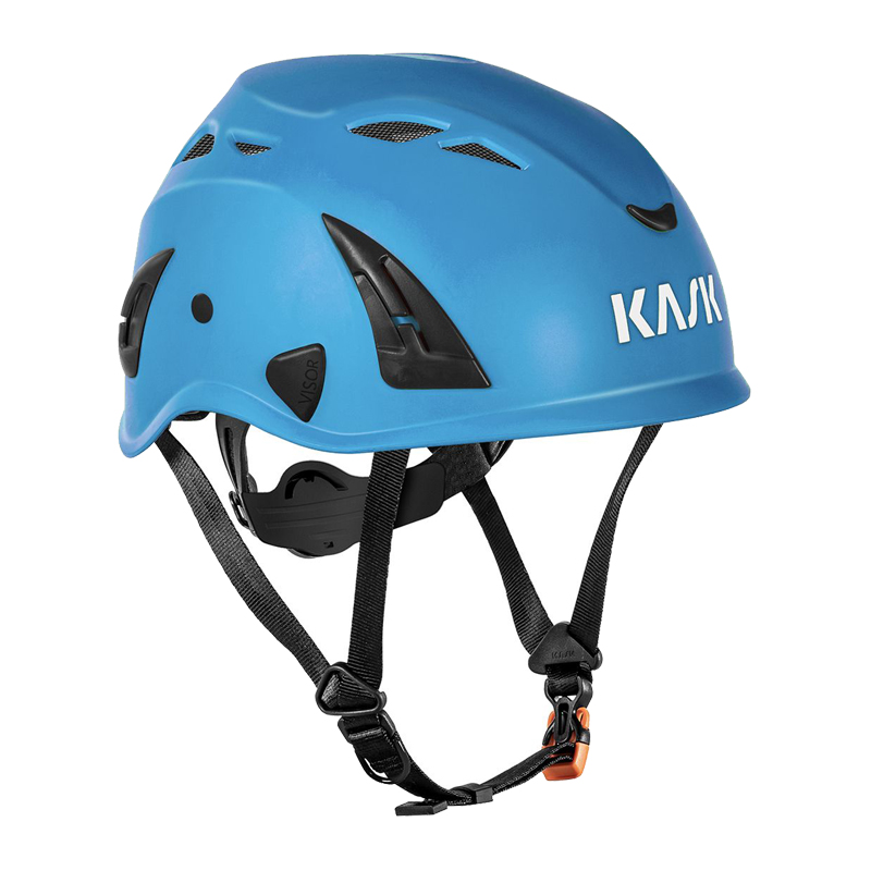 Blauer Kask KASK SUPERPLASMA AQ Industriehelm EN 397 mit Belüftungsschlitzen, Kinnriemen und seitlicher Ansicht