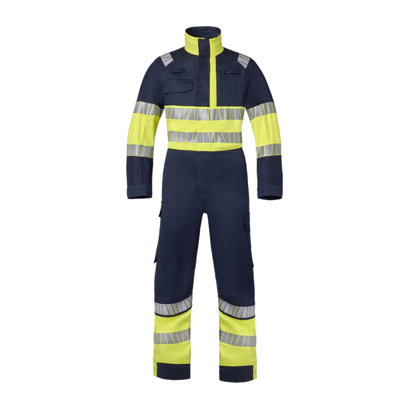 HaVeP Warnschutz-Overall in Marineblau und Neon-Gelb mit umlaufenden Reflexstreifen an Armen, Oberkörper und Beinen