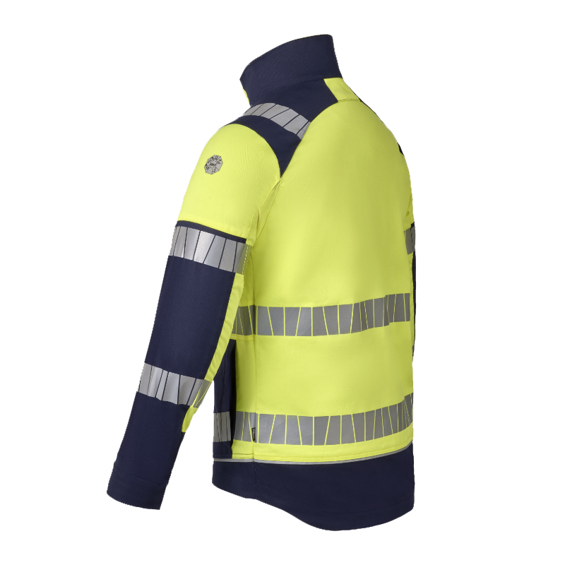 Rückansicht einer HaVeP Warnschutzjacke in Neongelb und Marineblau mit umlaufenden Reflexstreifen und hohem Kragen