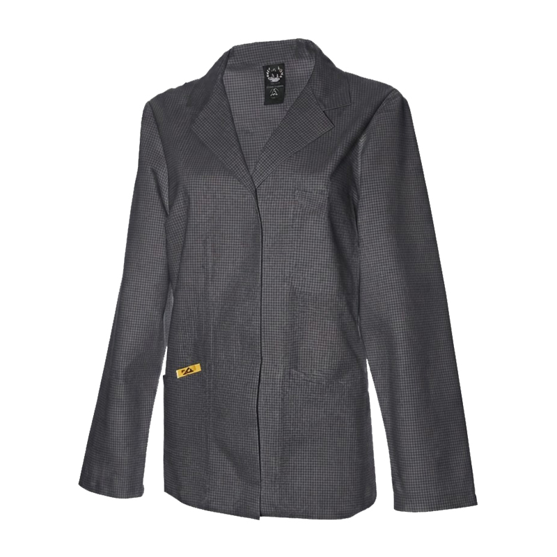 Graue karierte Mimoza ESD Damen Jacke für EPA-Bereiche mit 10⁵ bis 10⁷ Ohm nach EN 61340, lange Ärmel und Reverskragen