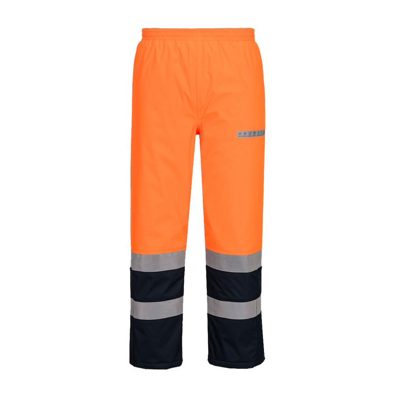 PortWest Warnschutzhose in leuchtendem Orange und Marineblau mit umlaufenden Reflexstreifen an den Beinen, ideal für sichtbare Arbeitskleidung im professionellen Einsatz