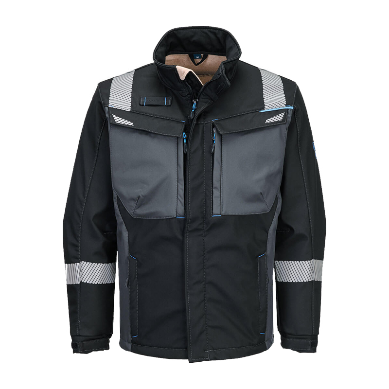 PortWest Arbeitsjacke in Schwarz und Grau mit hohem Kragen, Brusttaschen und reflektierenden Details für den Arbeitseinsatz