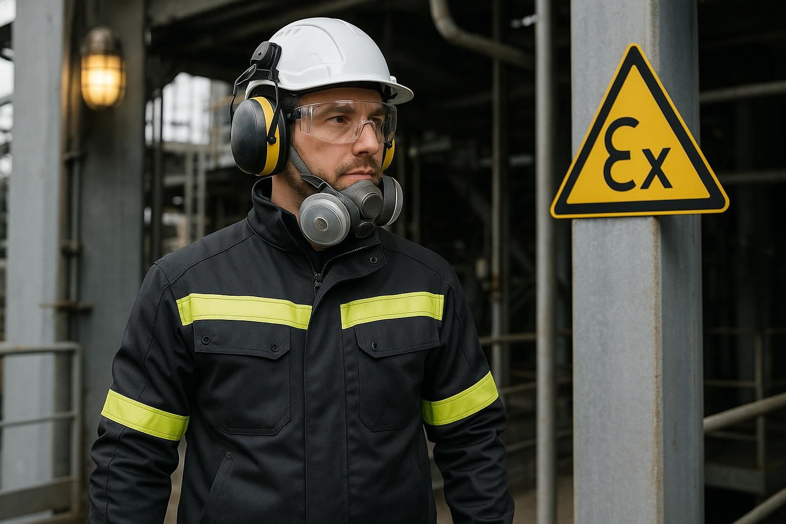 Mann in schwarzer Warnschutz-Arbeitsjacke mit Schutzhelm, Schutzbrille, Gehörschutz und Atemschutz vor Ex-Warnschild in Industrieanlage