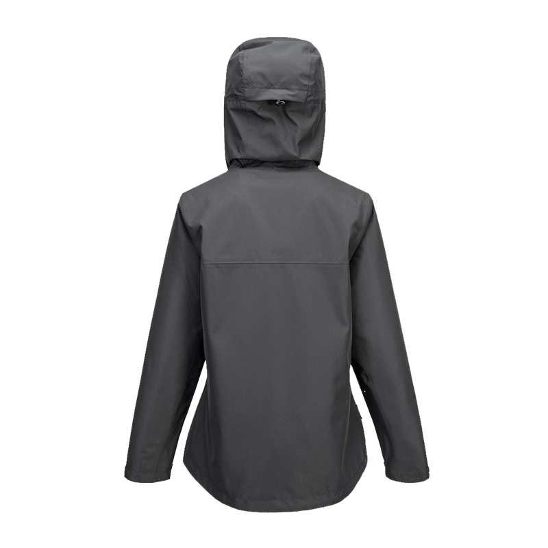 Rückansicht einer anthrazitfarbenen PortWest Jacke mit Kapuze, schlichtes wetterfestes Design für Arbeit und Outdoor