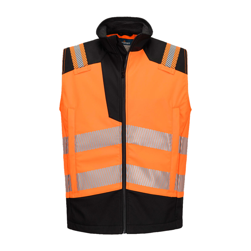 PortWest Warnschutzweste in Orange-Schwarz, ärmellos mit durchgehendem Reißverschluss, Stehkragen und reflektierenden Streifen für hohe Sichtbarkeit bei der Arbeit