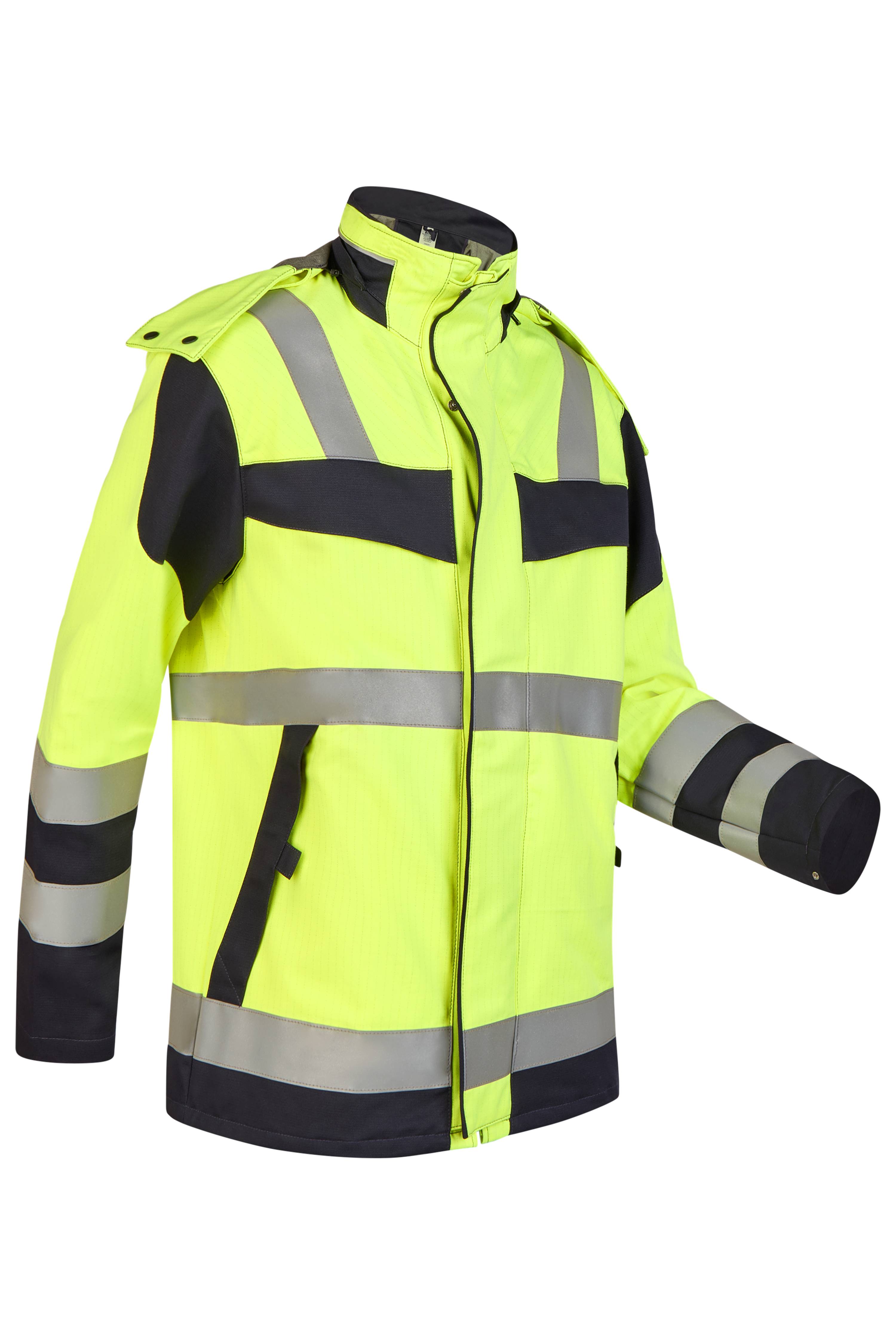 Rofa Warnschutzjacke in Neongelb mit silbernen Reflexstreifen, Stehkragen und dunklen Kontrasteinsätzen für hohe Sichtbarkeit bei der Arbeit