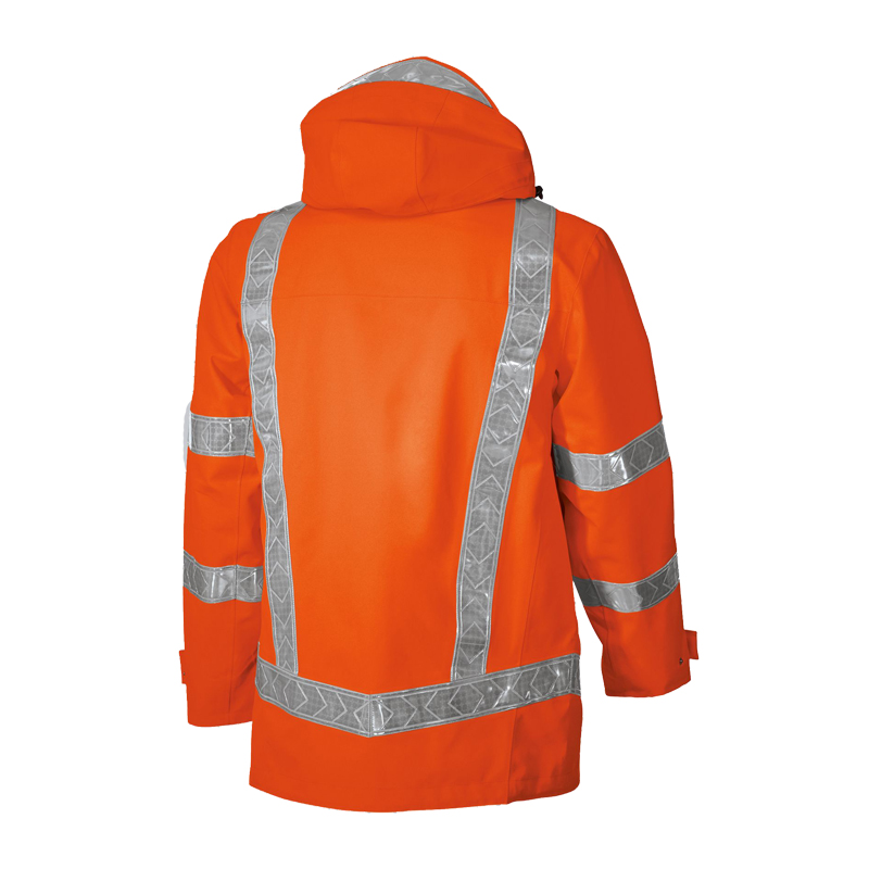 Rückansicht der BP 2120 Warnschutz Wetterschutz Jacke lang Klasse 3 von BP Bierbaum Proenen in Orange mit Reflexstreifen und Kapuze