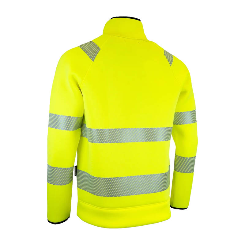 Rückenansicht der Dimex 4569Y+ Warnschutz SoftShell Jacke EN 20471 Klasse 3 in Gelb mit reflektierenden Streifen, leichte atmungsaktive Arbeitsjacke