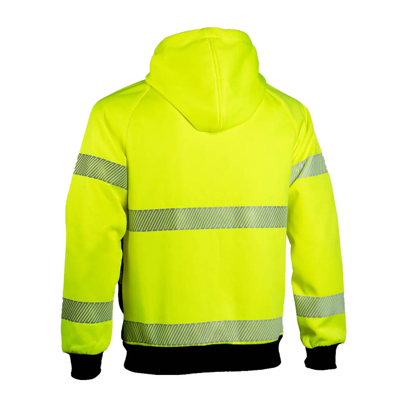 Rückansicht des Dimex 4470Y+ Warnschutz Hi-Vis Hoodies Klasse 2 in Neongelb mit reflektierenden Streifen und Kapuze