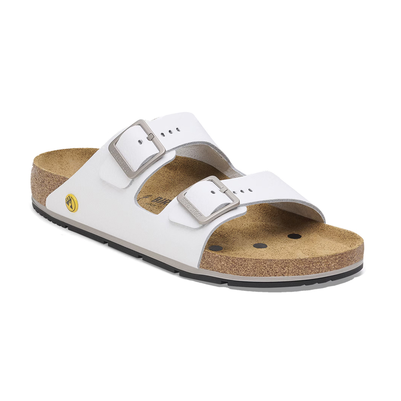 Birkenstock Sandale in Weiß mit zwei verstellbaren Schnallen, anatomischem Kork-Latex-Fußbett und schwarzer Laufsohle