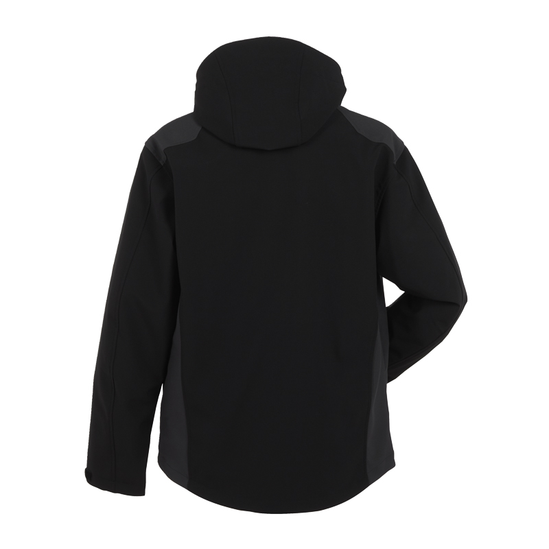 Rückenansicht der Planam Moto Softshelljacke mit Kapuze in Schwarz, funktionale Arbeitsjacke mit kontrastfarbenen Einsätzen