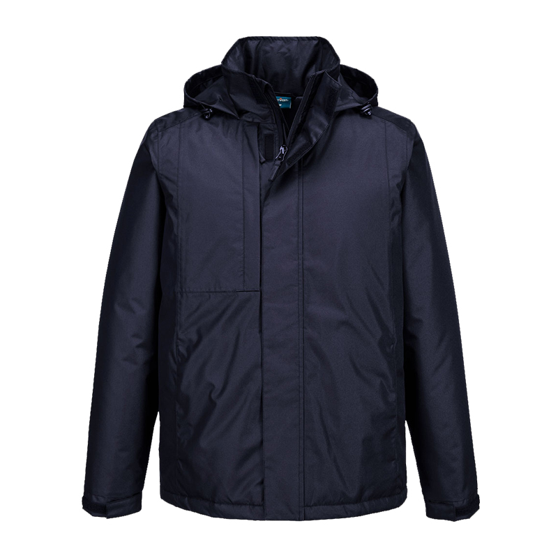 Dunkelblaue PortWest Arbeitsjacke mit Kapuze und Reißverschluss, robuste wetterfeste Winterjacke für Beruf und Freizeit
