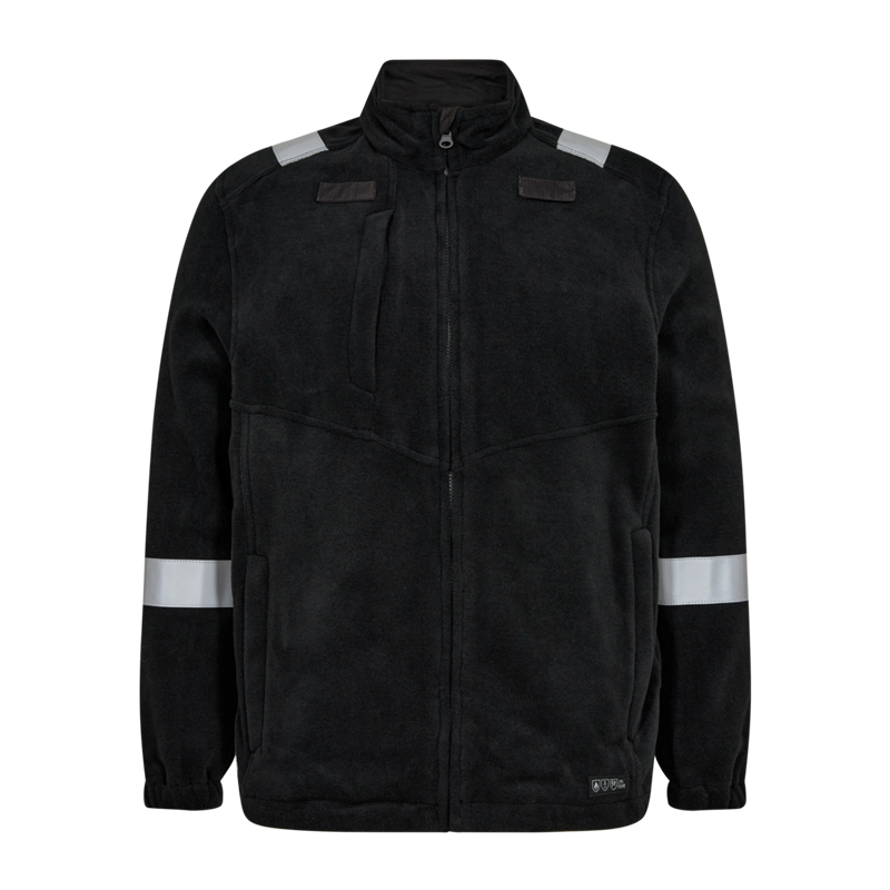 Schwarze Engel Fleecejacke mit durchgehendem Reißverschluss, Stehkragen und silbernen Reflexstreifen an Schultern und Ärmeln