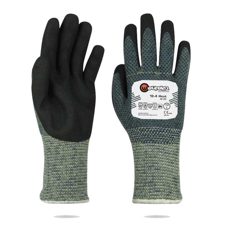Abgebildet sind die Eureka Handschuhe ARC 29 mit Störlichtbogenschutz Klasse 2 APC2 RG0014 in Vorder- und Rückansicht, mit schwarzer Beschichtung und gestricktem Bündchen.