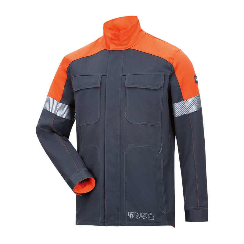 HB Protective Wear HeavyMetal Pro 340 Gießerei Jacke D2 + E2, hitzebeständige Schutzjacke in Dunkelgrau und Orange mit Stehkragen und Reflexstreifen