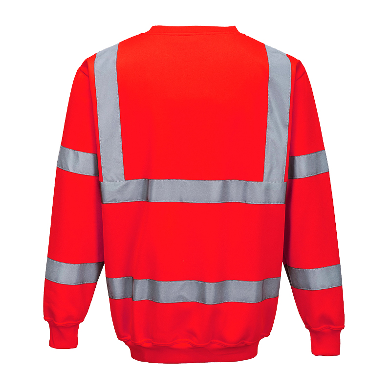 Rückansicht eines roten PortWest Warnschutz-Sweatshirts mit silbernen Reflexstreifen an Rücken und Ärmeln