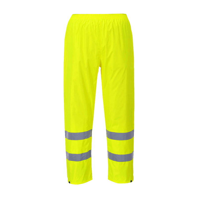 PortWest Warnschutzhose in leuchtendem Gelb mit zwei Reflexstreifen pro Bein, frontale Produktansicht