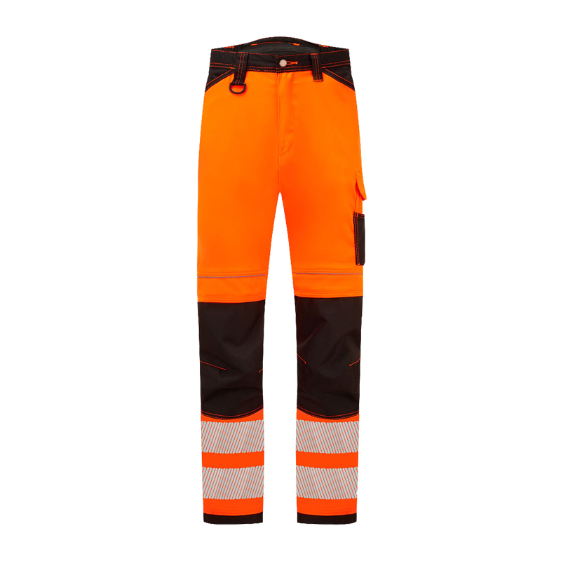 PortWest Warnschutzhose in Orange und Schwarz mit kontrastverstärkten Knien, Seitentasche und breiten Reflexstreifen am Bein