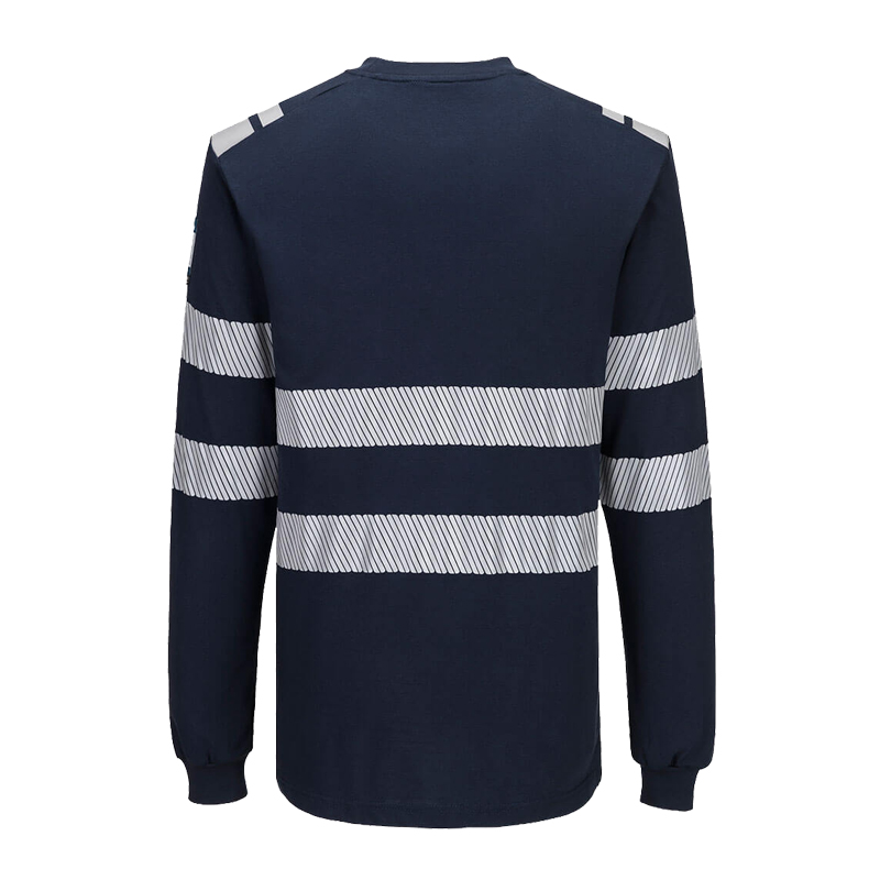 Rückansicht eines PortWest Langarmshirts in Navyblau mit reflektierenden Streifen an Schultern, Ärmeln und Rücken