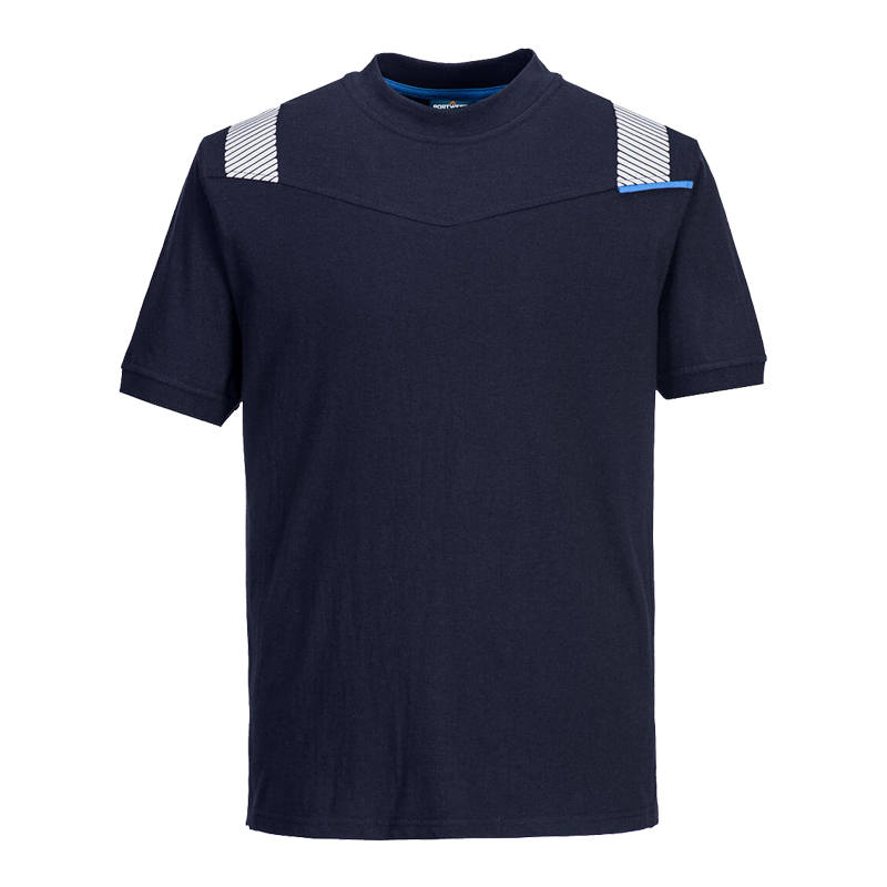 PortWest T-Shirt in Dunkelblau mit kurzen Ärmeln und reflektierenden Schulterdetails, Frontansicht